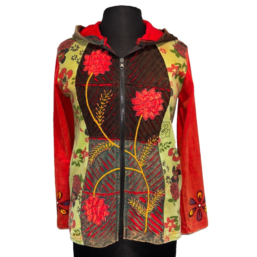 Boho Hippie Hoodie Jacket Womens Small Full Zip Patchwork Embroidered Red Green